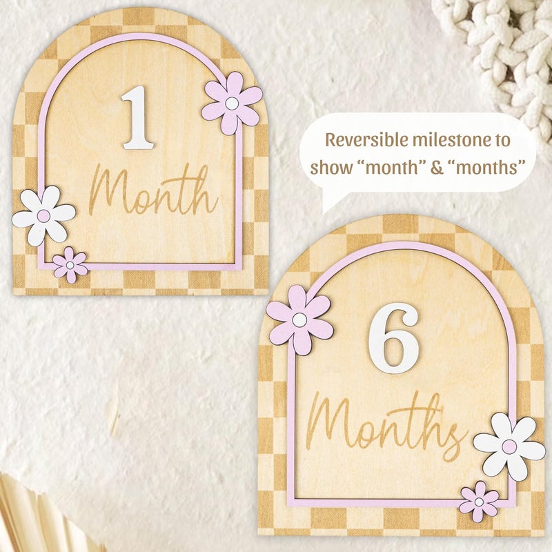 HONOCOOLS Store Daisy Flower Baby Monthly Milestone Cards - Wooden Monthly Milestone Double Sign - Newborn Photography Props to Document Your Baby´s Growth - Baby Announcement Sign (B10) - Image 2